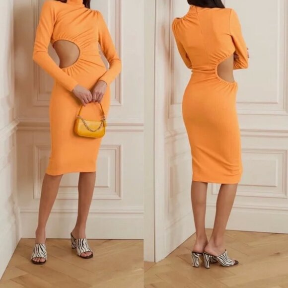 Rotate Birger Christensen Alice Dress Mock Orange Cutout Midi Long Sleeve 4 Mock - Picture 1 of 13